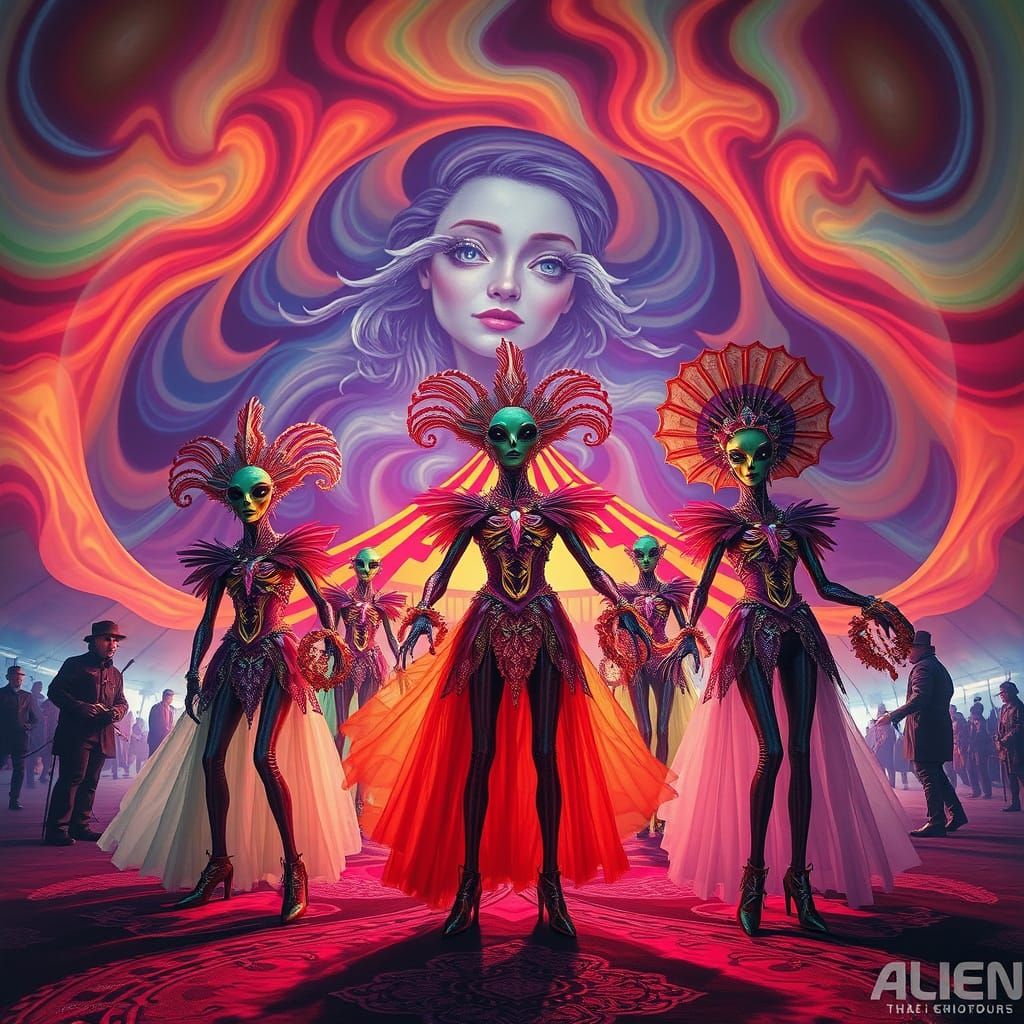 Surreal Futuristic Circus Scene with Alien Performers