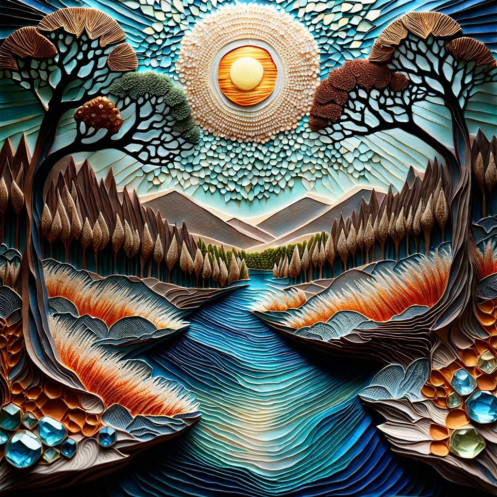 Mixed Media Landscape with River and Surreal Sunrays