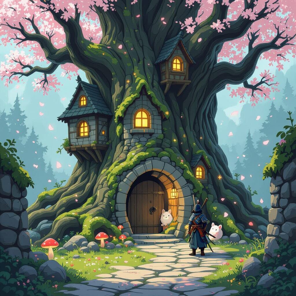 Rustic Scotland Castle in Ancient Tree, Samurai Guard