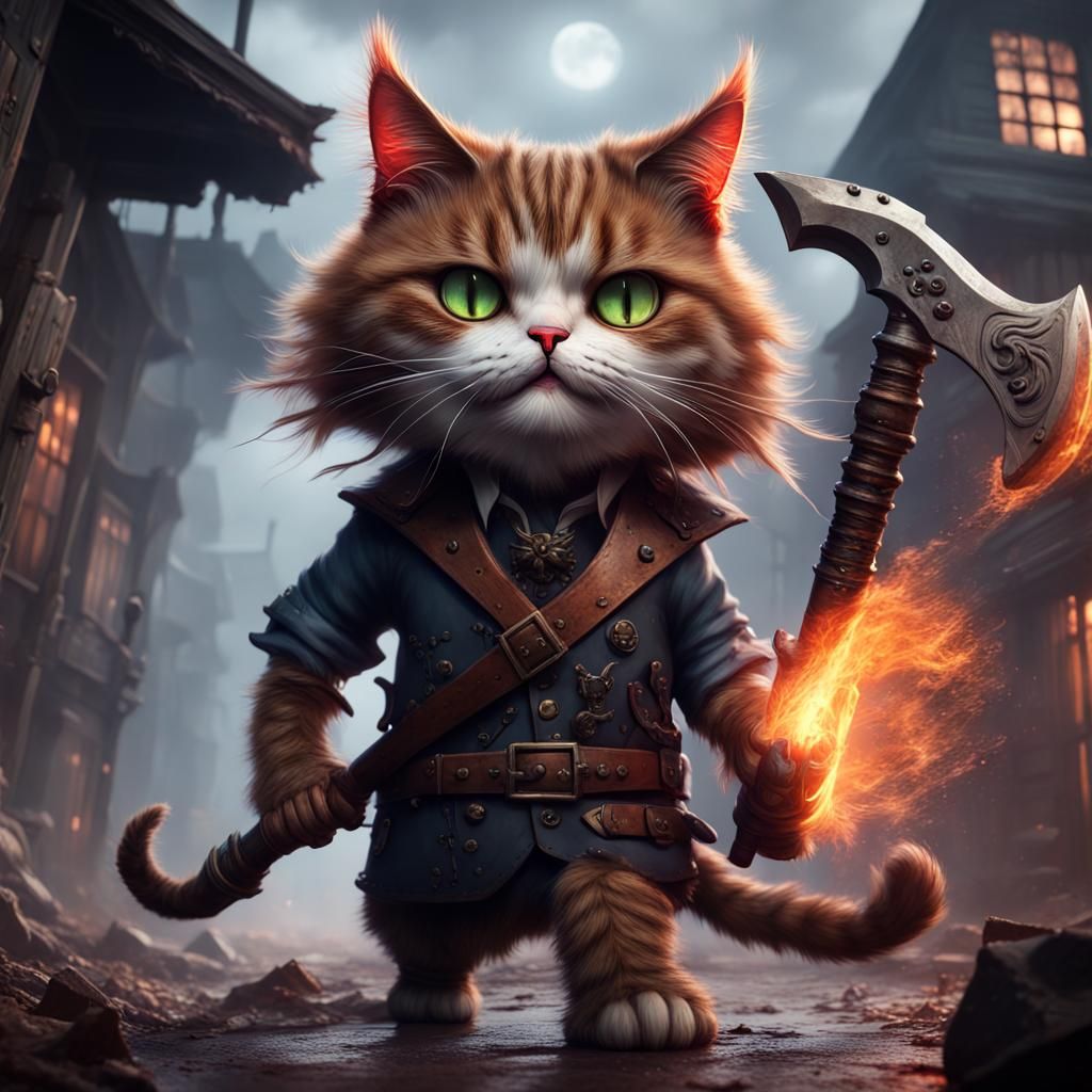 Barmy Cat with Axe in Horror Scene