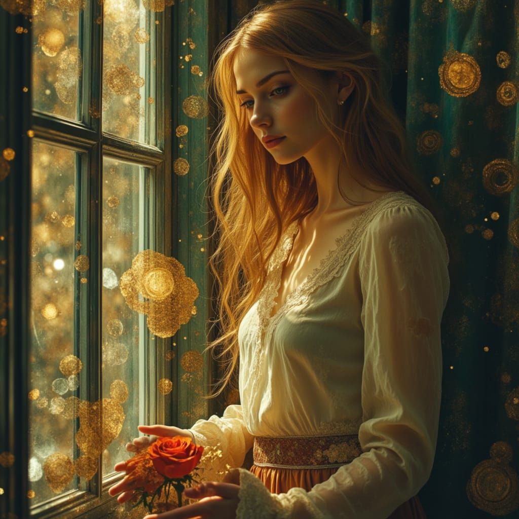 Moonlit Woman with Roses in Art Nouveau Style