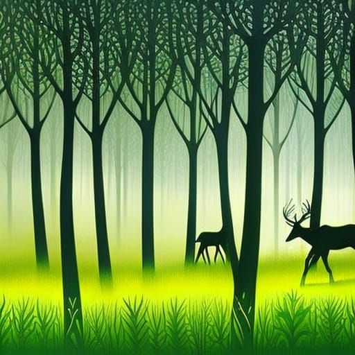 Deer Grazing in Forest Clearing, Detailed Line Art