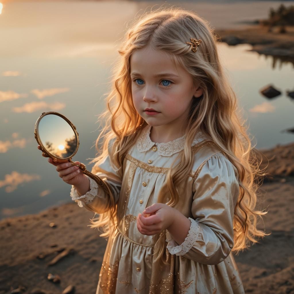 Little Girl Gazing at Sunset Reflection