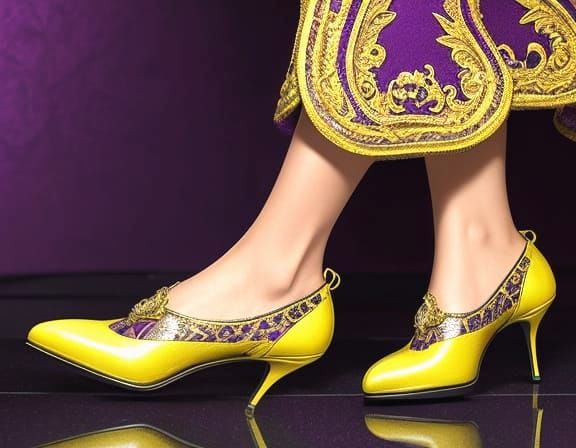 Chic Yellow Stilettos and Purse on Purple Background