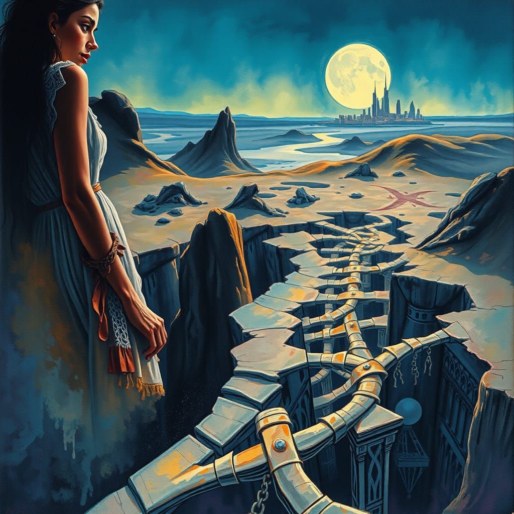 Woman in Dystopian Desert: Dreamlike Watercolor Art