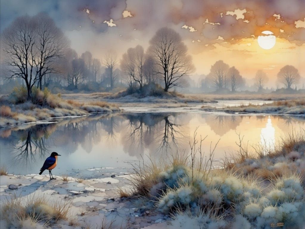 Ethereal Heron in Frosty Fields: Watercolor Painting