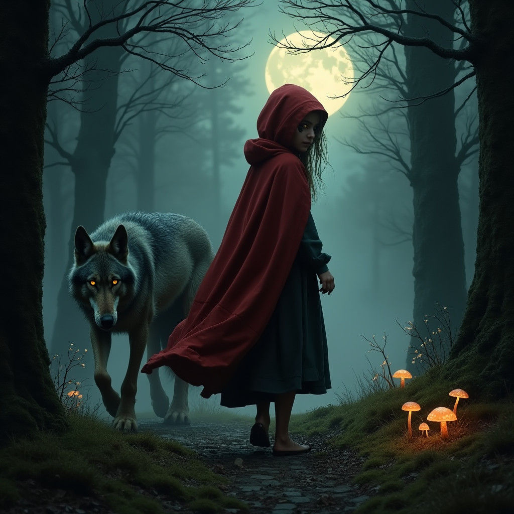 Little Red Riding Hood and Wolf in Dark Fantasy