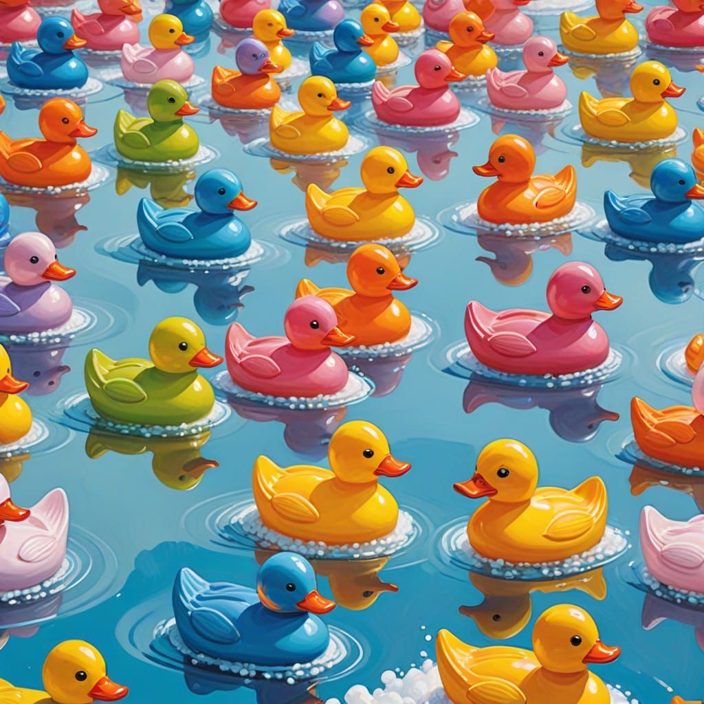 Vibrant Rainbow-Colored Rubber Ducks in Whimsical Gouache Ar...