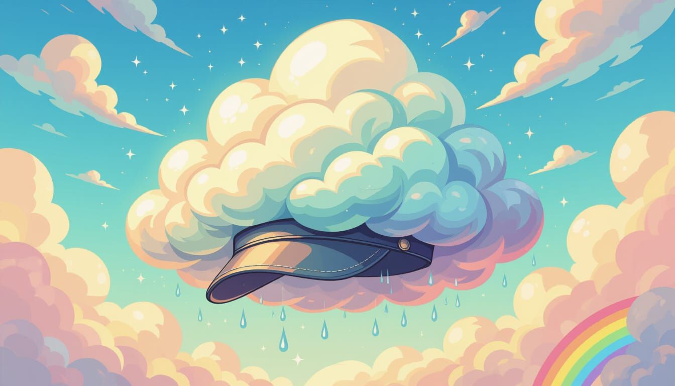 Whimsical Cloud Cap Floating in Rainbow Sky