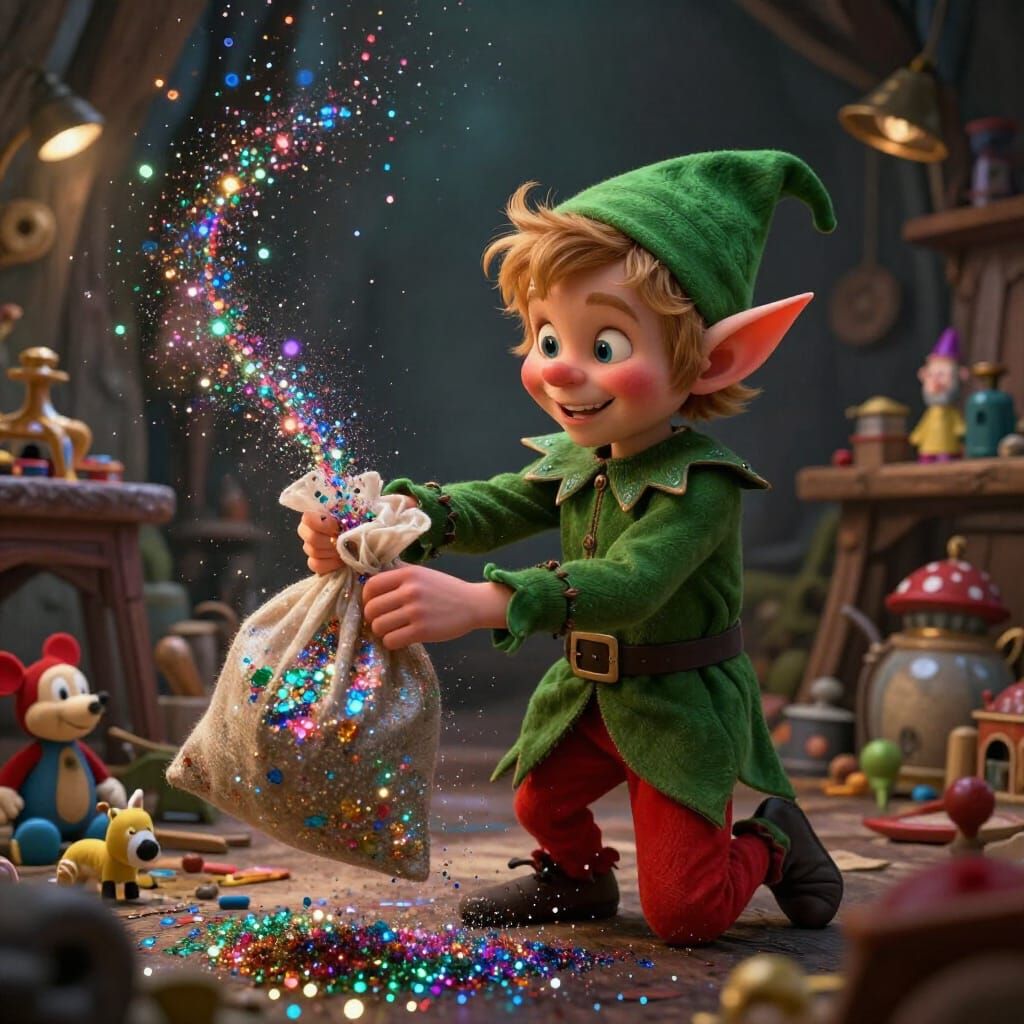 Mischievous Elf Spills Enchanted Glitter in Workshop