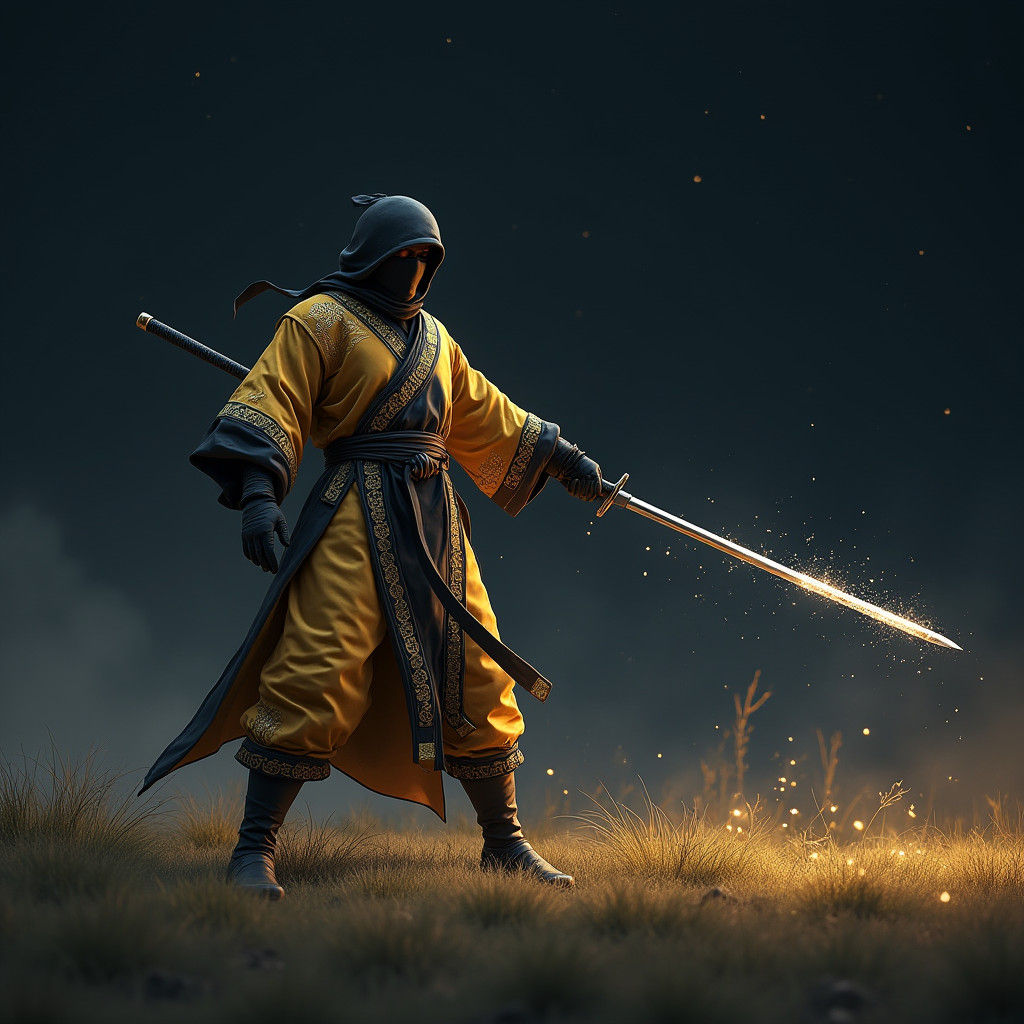 Ninja in Golden Robe with Sword and Stardust