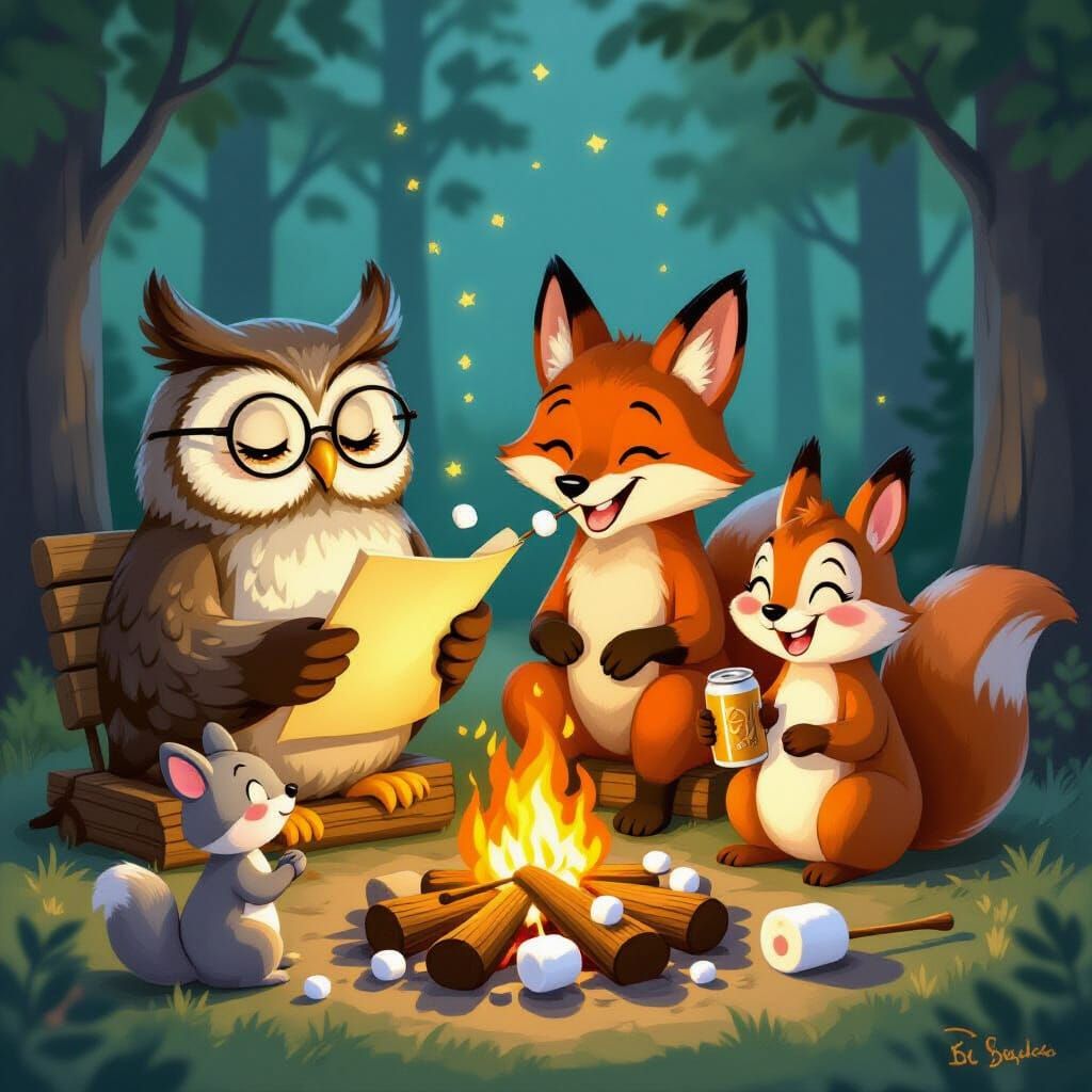 Woodland Creatures Around Campfire in Storybook Style