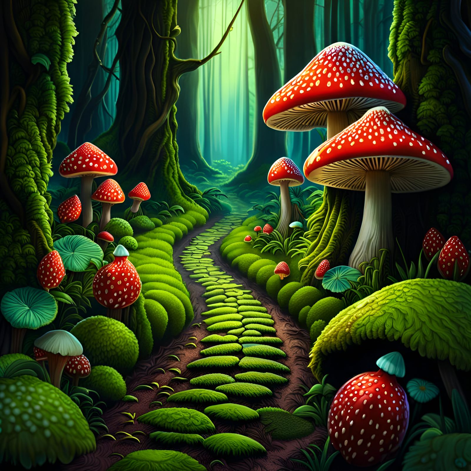Enchanted Forest Path with Giant Mushrooms