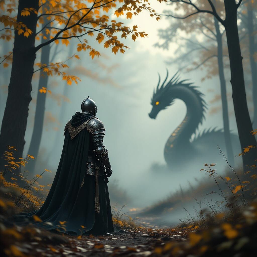 Knight Contemplating Misty Autumn Forest with Spectral Drago...