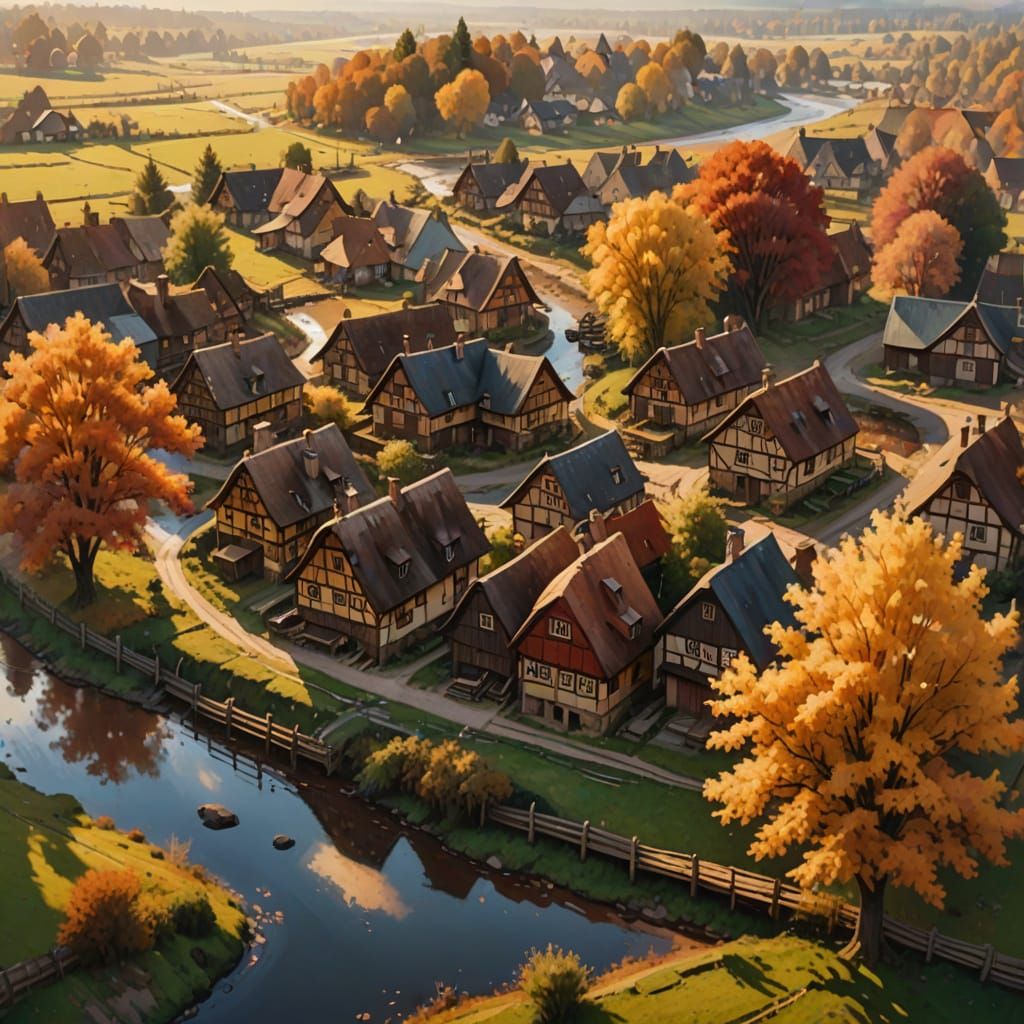 Autumn Village: An Oil Painting with Golden Light