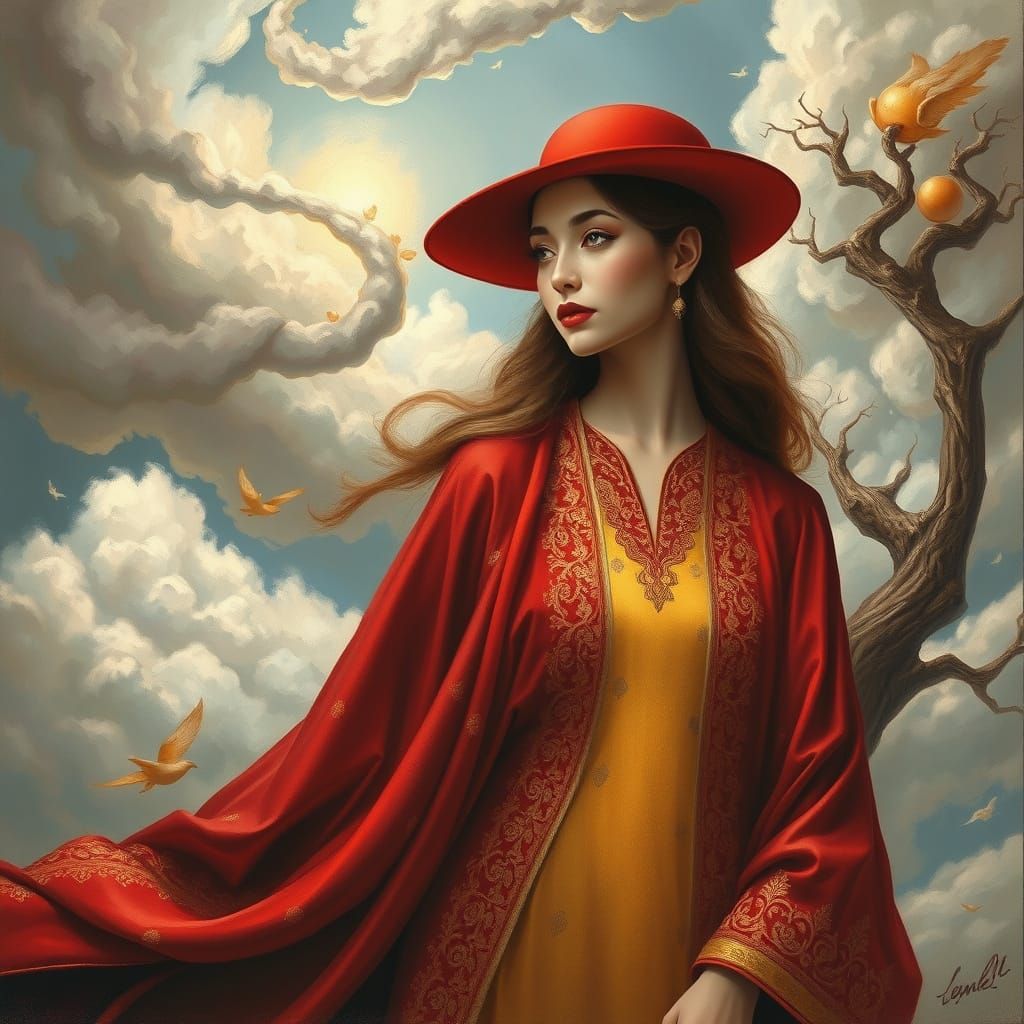 Ethereal Woman in Crimson Robe in Whimsical Dreamscape