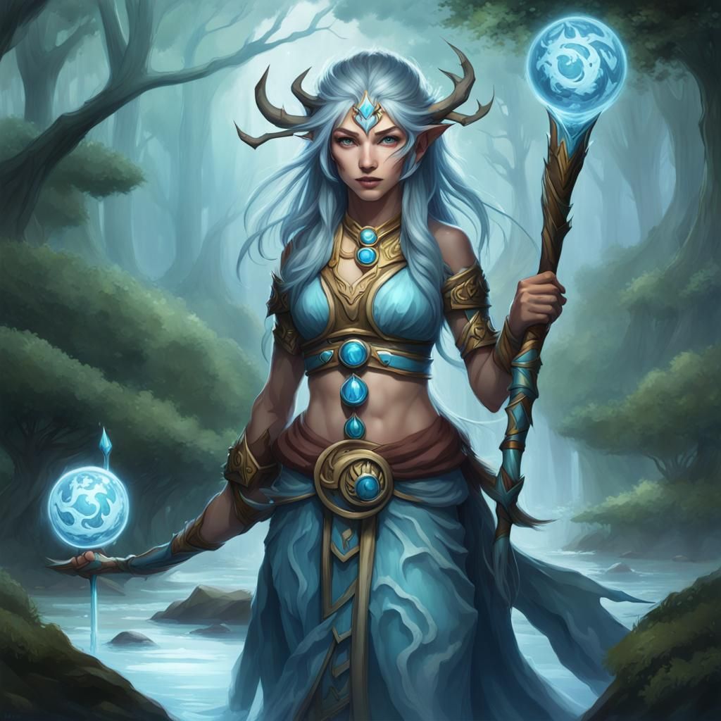 Water Genasi Druid with Torrential Staff in Detailed Art
