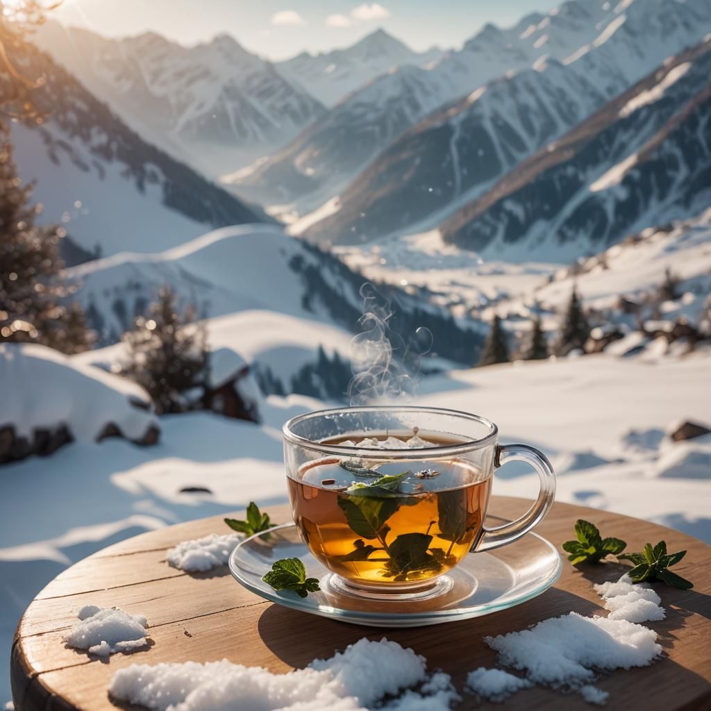 Mint Tea Still Life in Snowy Winter Landscape
