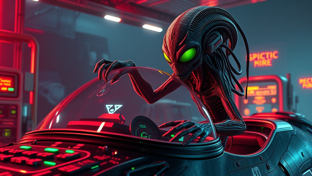 Alien Cleans Spaceship Windshield in Steampunk Style