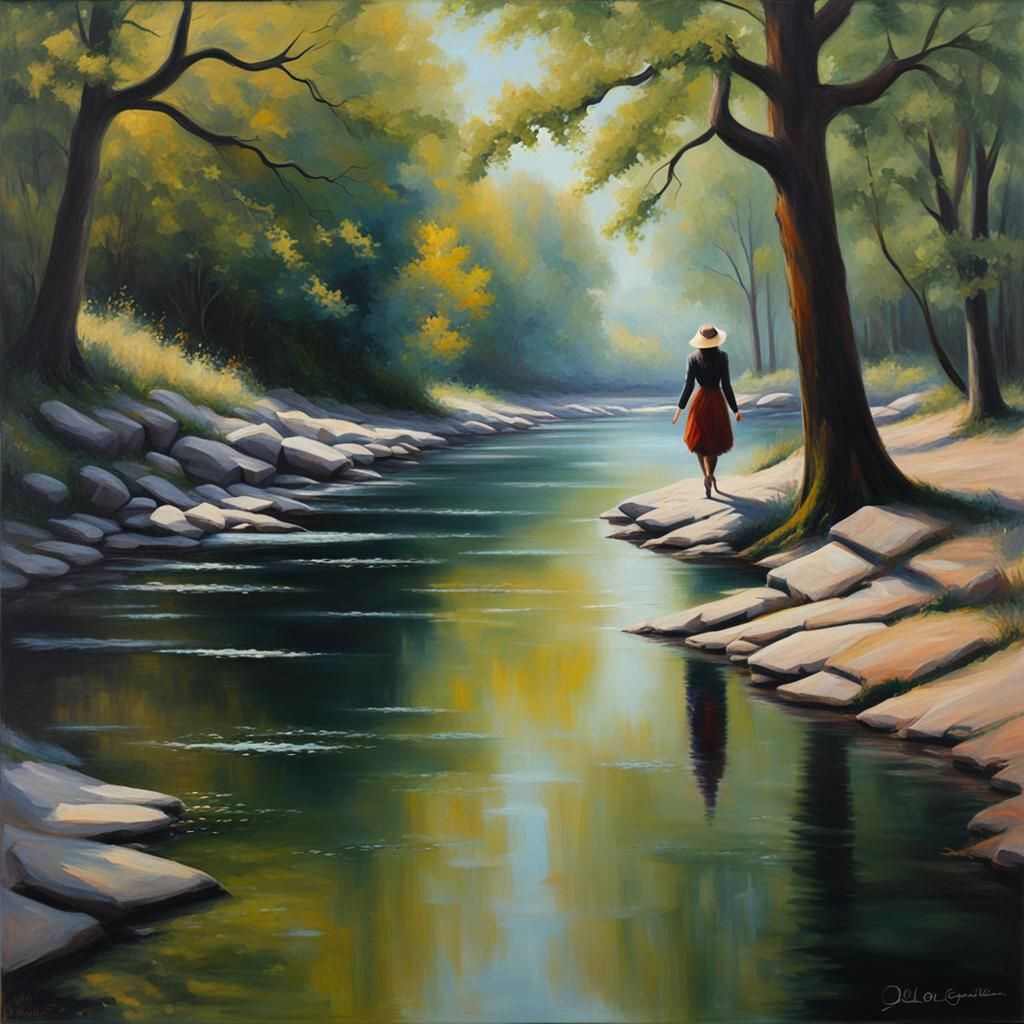 Woman by River: An Oil Painting Impression