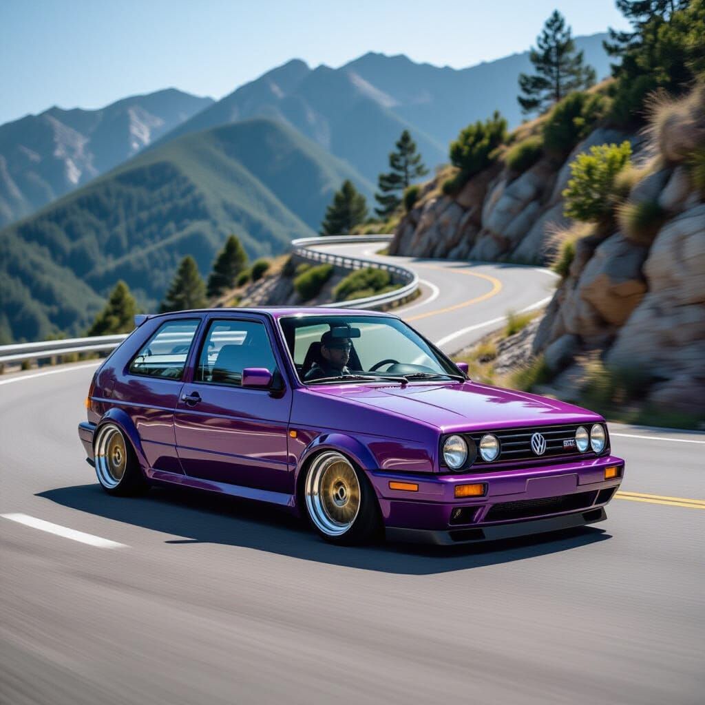 Candy Purple VW Golf GTI on Mountain Road