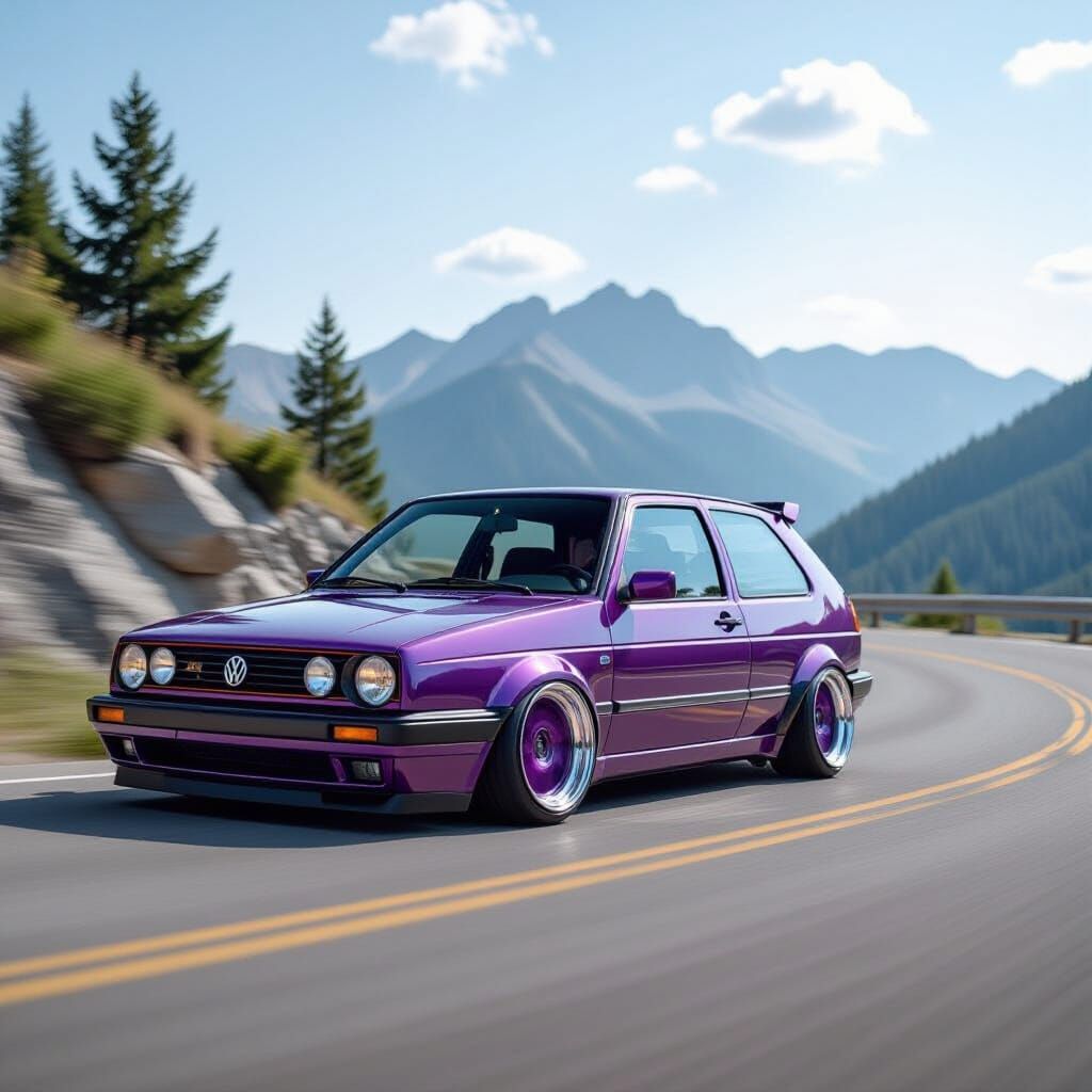 Purple VW Golf GTI on Mountain Road
