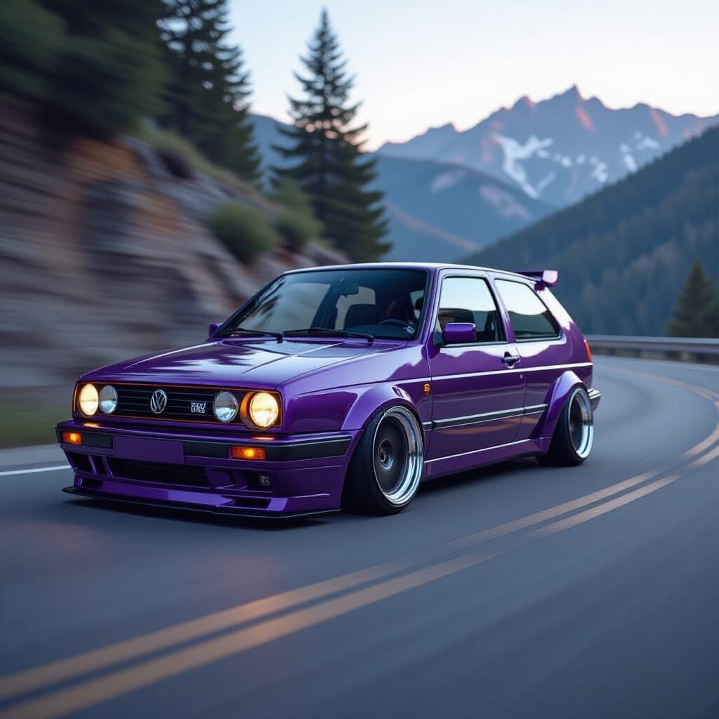 Purple VW Golf GTI on Mountain Road