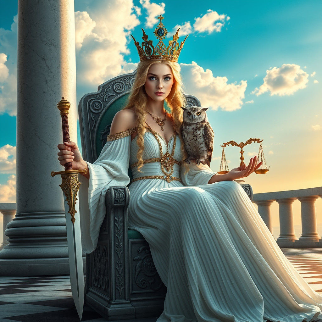 Blonde Queen with Sword and Scales on Throne
