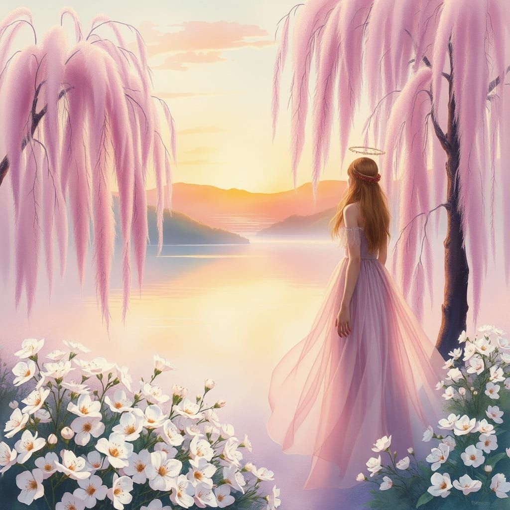 Impressionistic Watercolor Fantasy World with Nymph and Lake