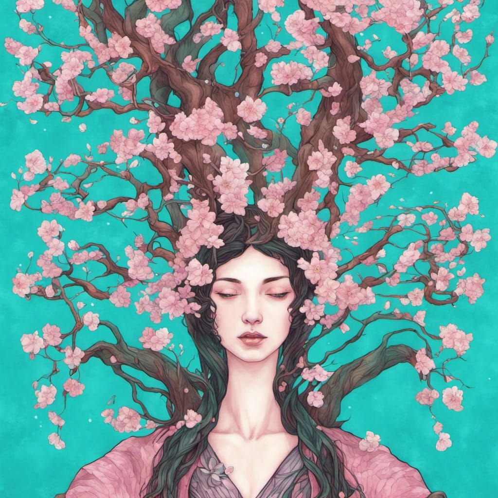 Entangled Cherry Blossom Tree Fairycore Illustration