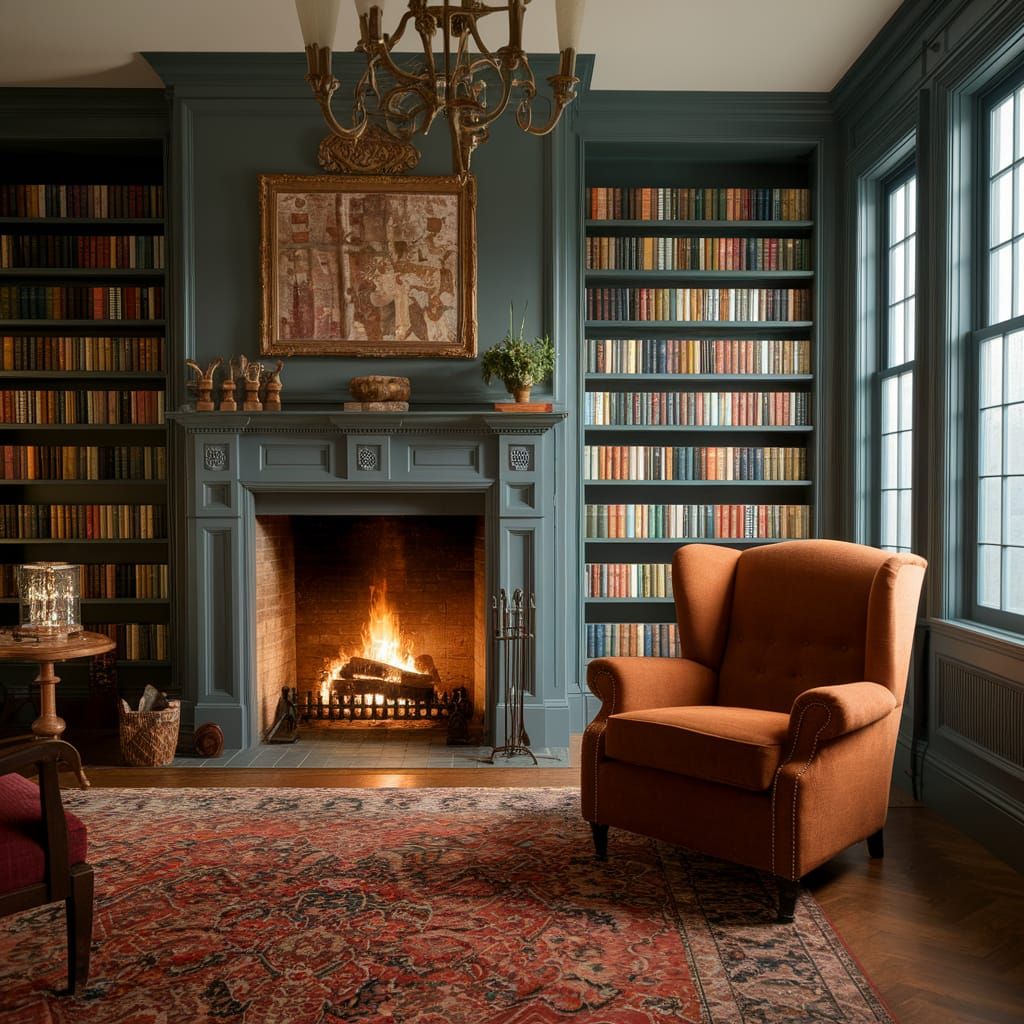 Cozy Library Interior with Fireplace and Armchair
