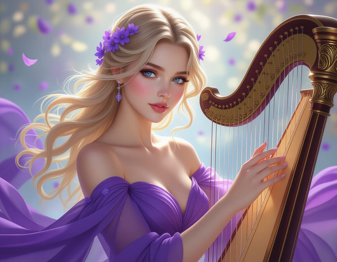 Ethereal Woman with Harp in Fantasy Realism Style