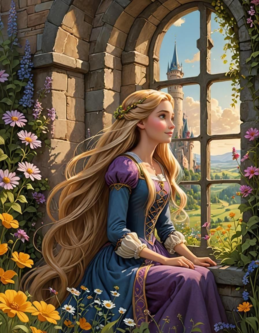 Rapunzel in Tower: Storybook Illustration