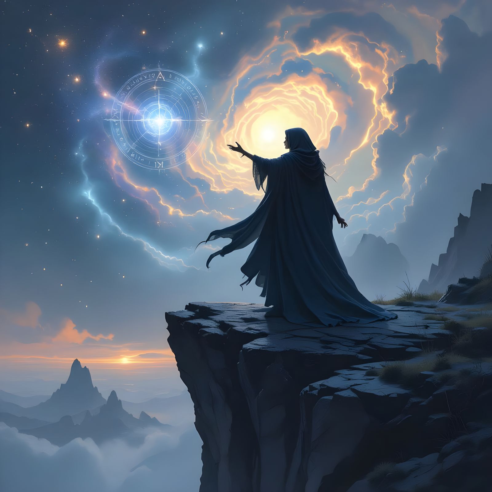 Sorceress Gazing at Cosmic Nebula on Obsidian Cliff