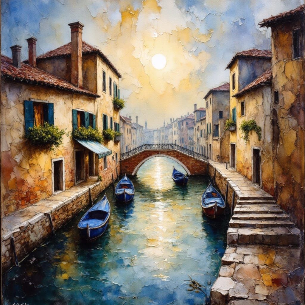 Venice Cityscape Oil Painting with Moonlight
