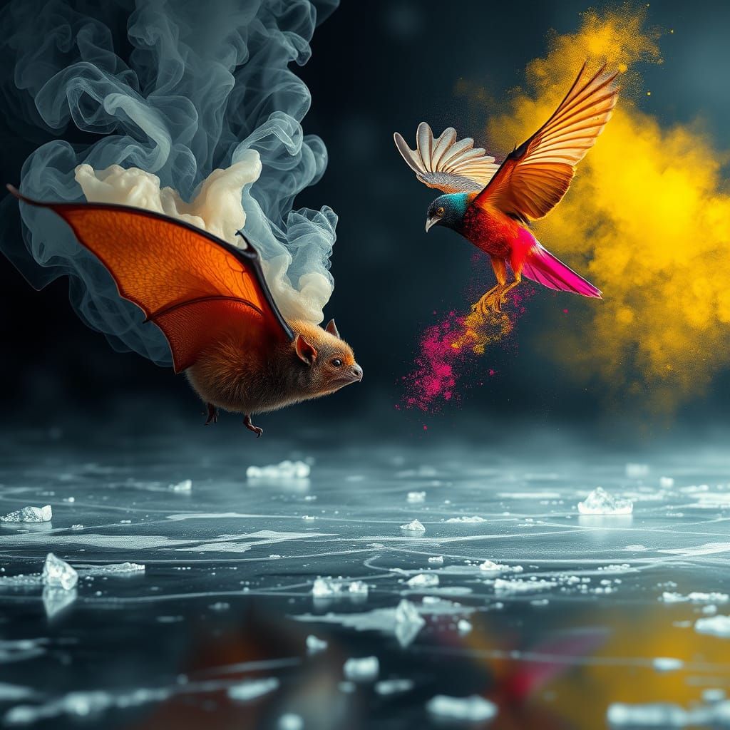 Bat Dissolving into Aerogel Filaments on Black Ice