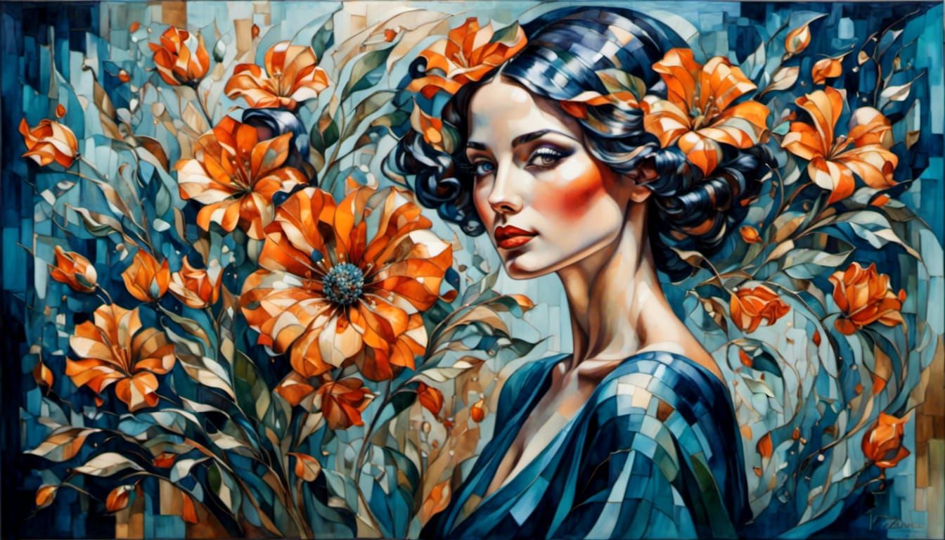 Cyan Glass Art in Art Deco Style