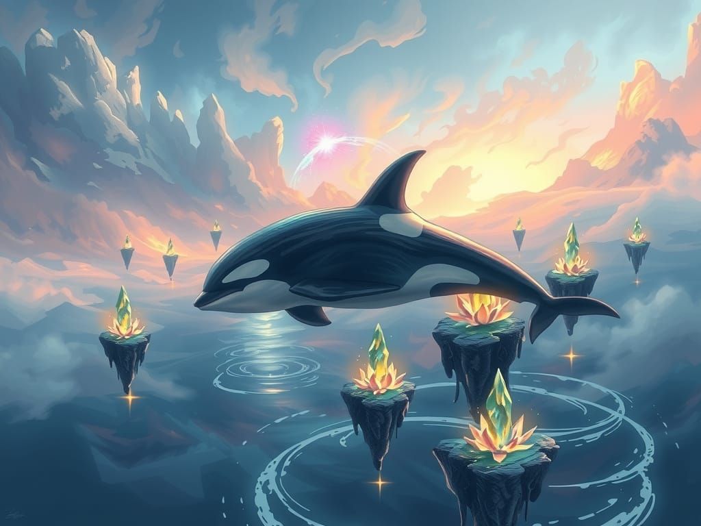Majestic Orca Swims Through Ethereal Sky with Floating Islan...