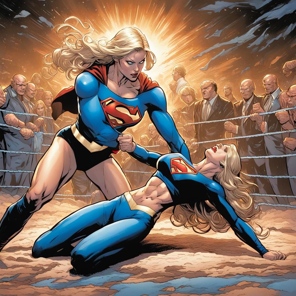 Supergirl Wrestling Match in Comic Book Style