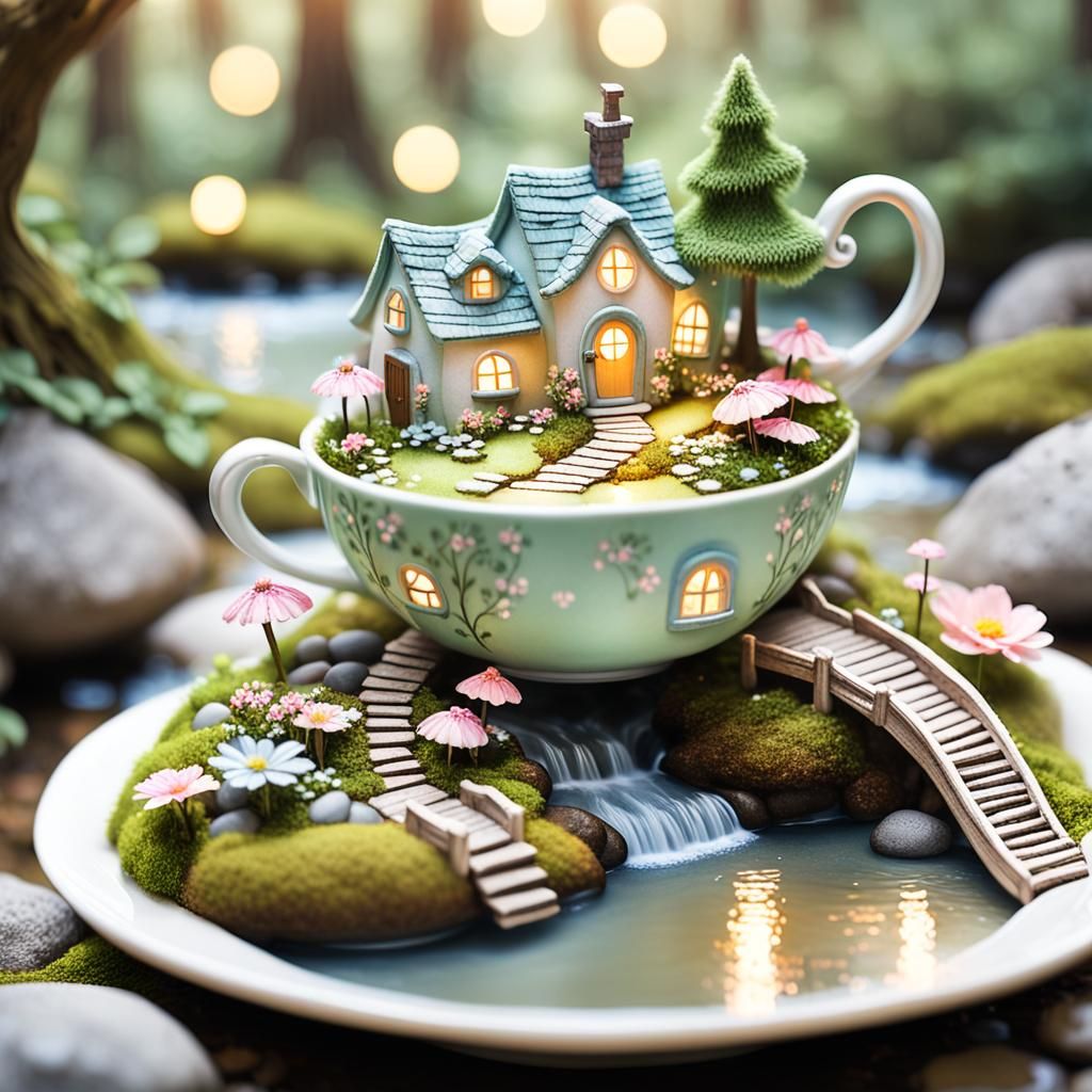 Fairy Village Inside Teacup in Watercolor Style