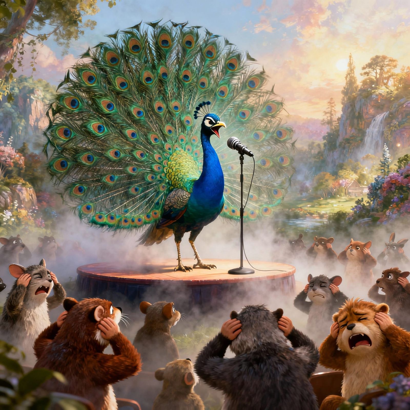 Proud Peacock Sings Badly to Cringing Animal Audience