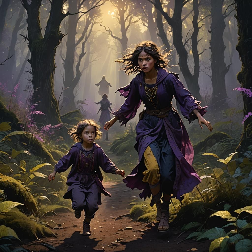 Eerie Dark Fantasy: Child's Flight in Mystical Forest