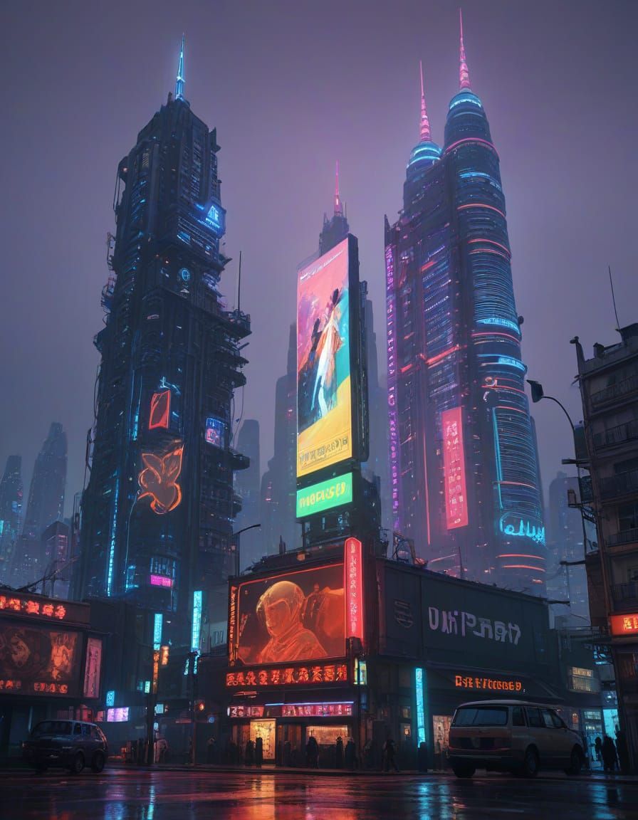 Cyberpunk Cityscape at Night with Neon Lights and Flying Car...