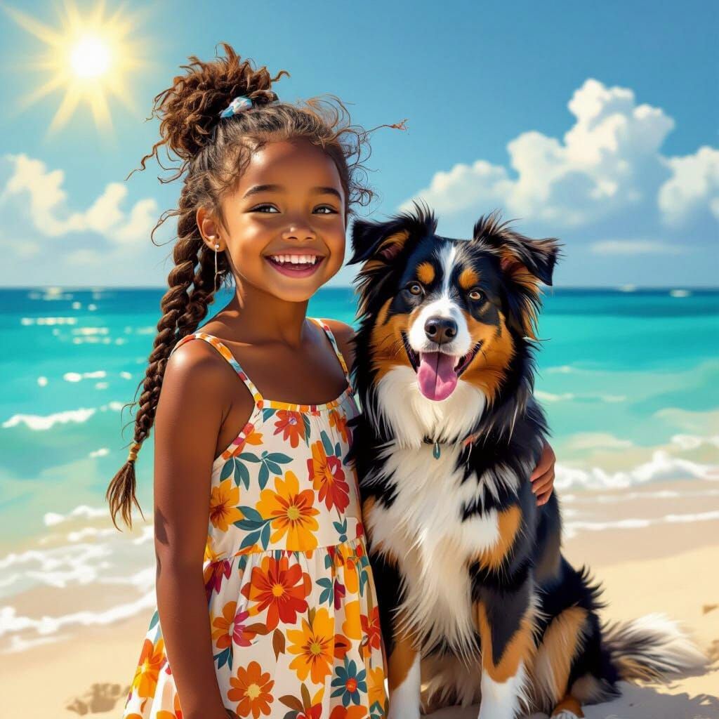 Girl and Dog on Sunny Beach in Digital Art Style