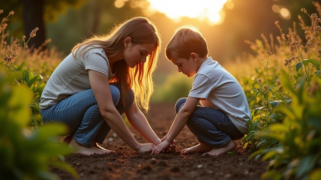 Heartwarming Mother and Son Gardening in Golden Light