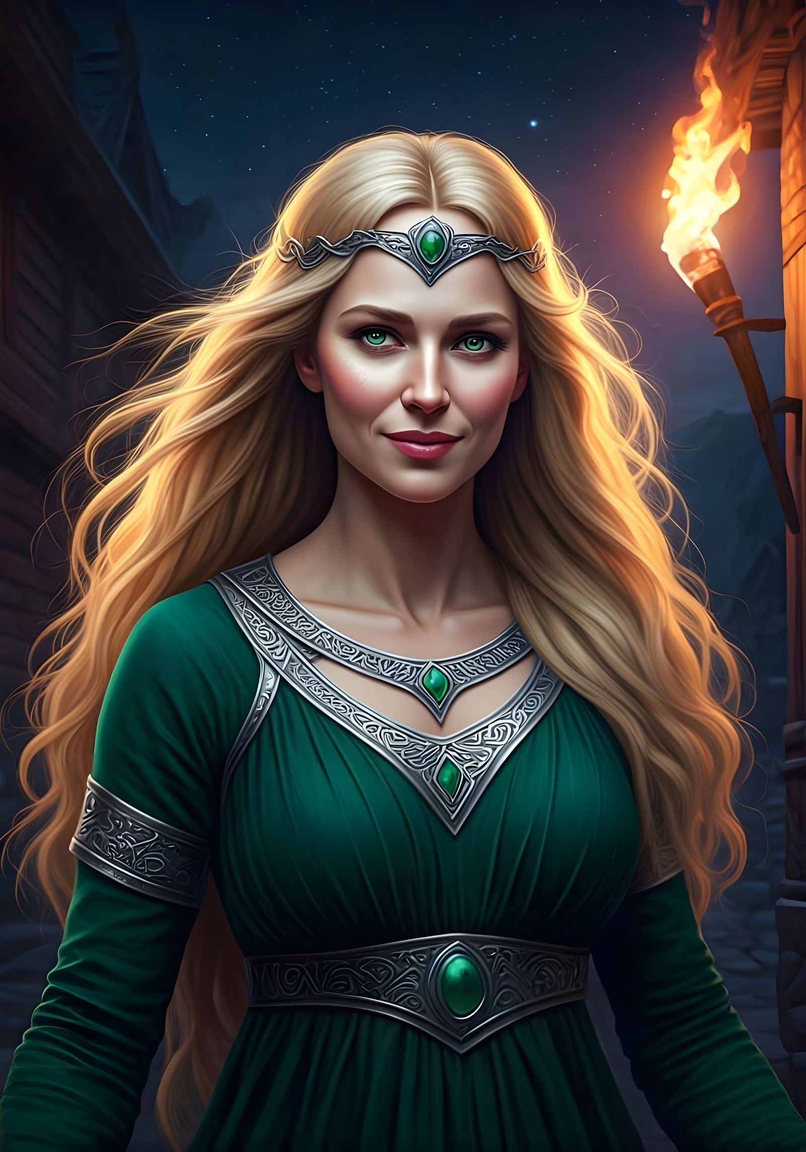 Norse Goddess Fréyja in Olde Village Under Starry Night