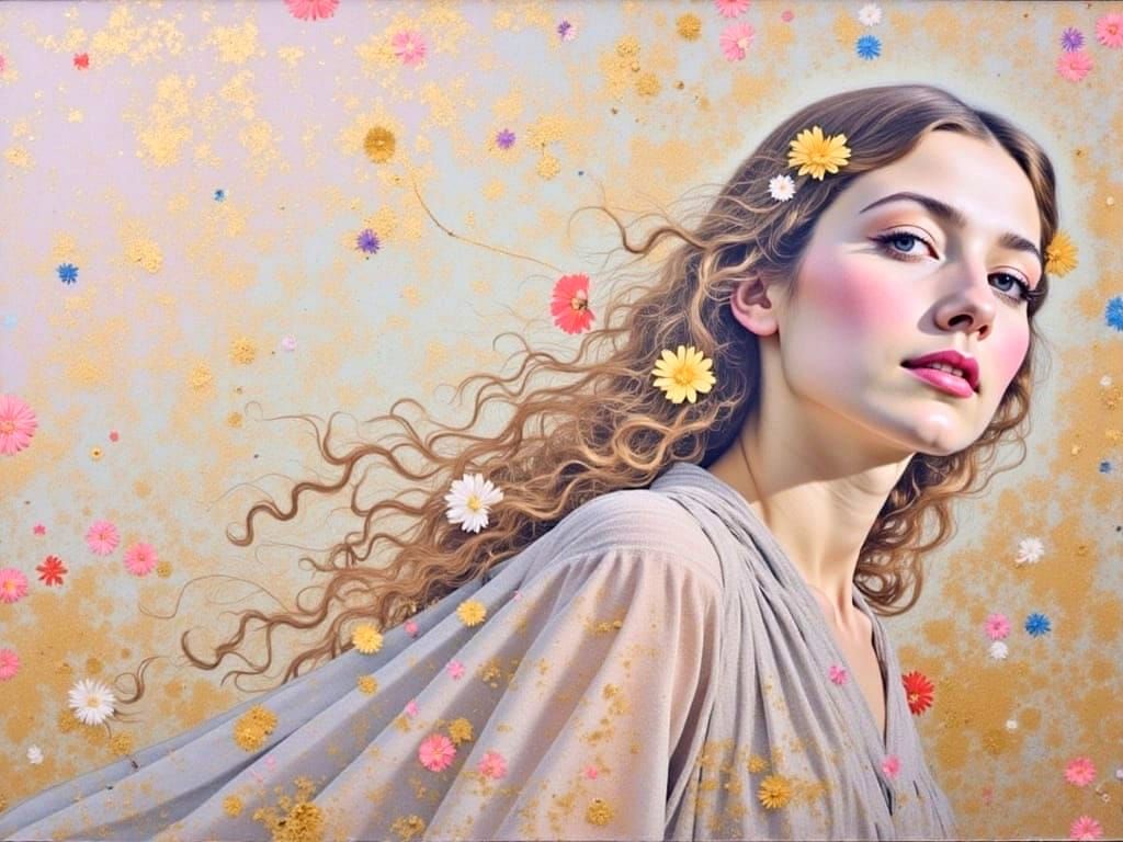 Floral Woman in Klimt Style with Flowing Hair
