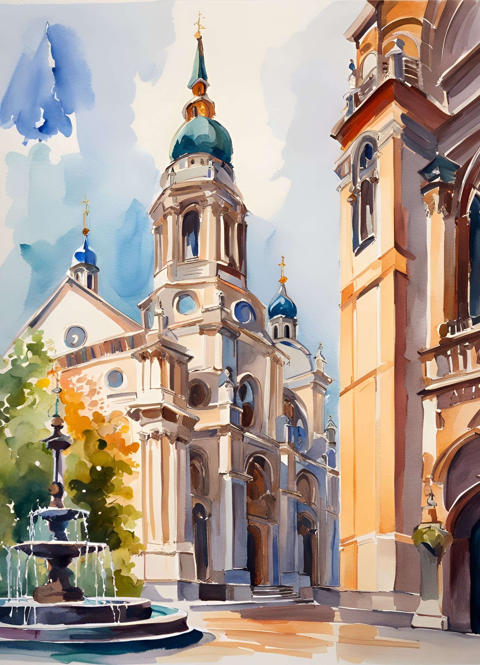 Majestic Cathedral in Gouache Style Watercolor