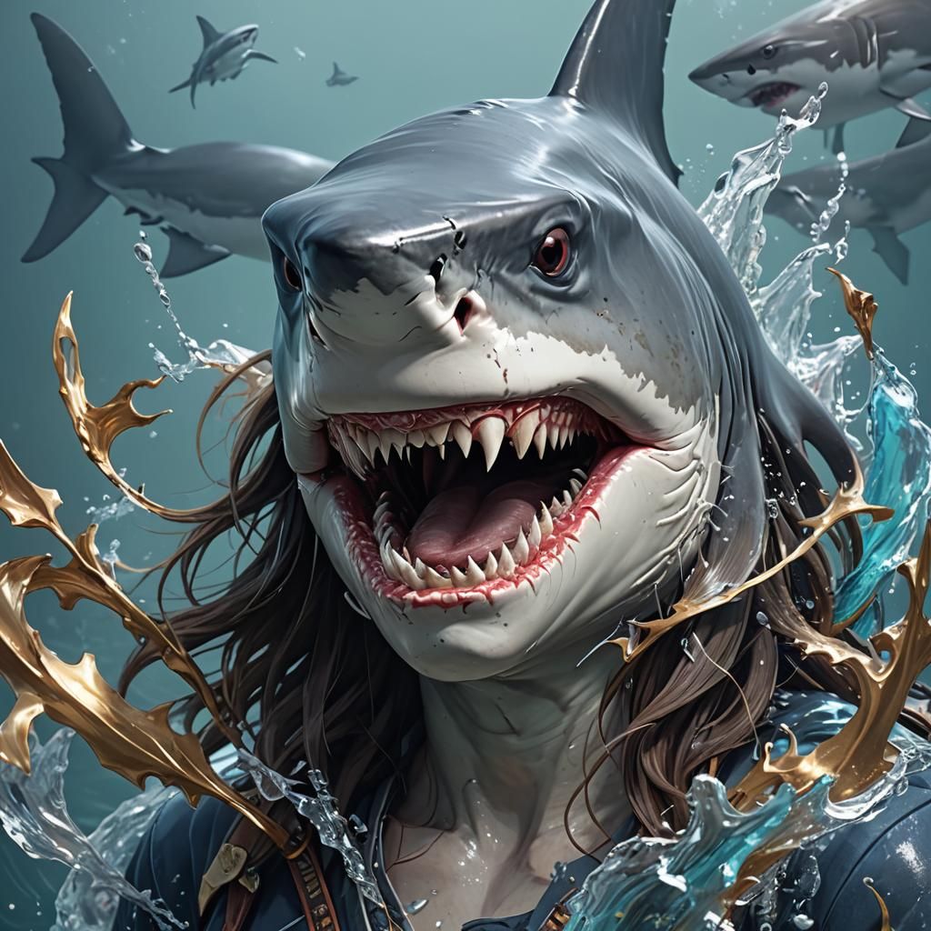 Detailed Shark-Woman Portrait in Art Nouveau Style