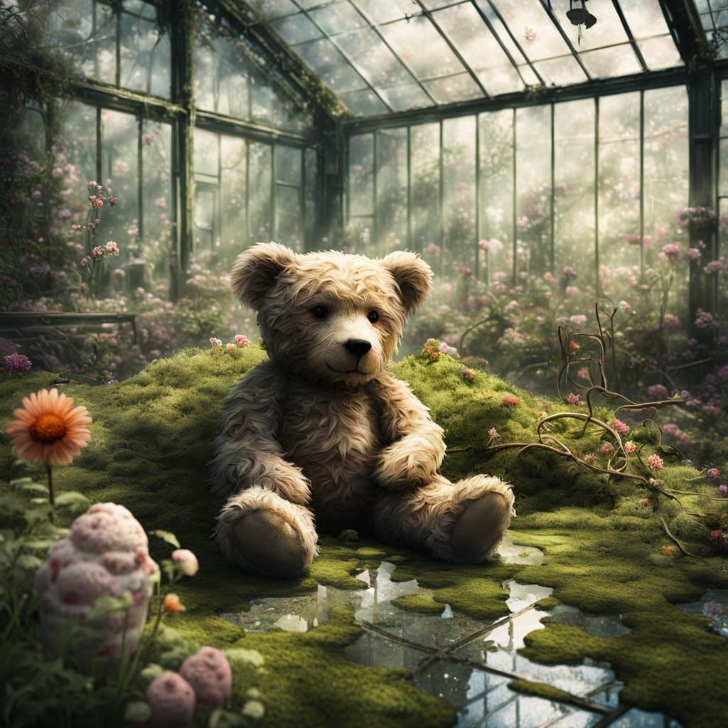 Teddy Bear in Overgrown Greenhouse with Ice Cream Man
